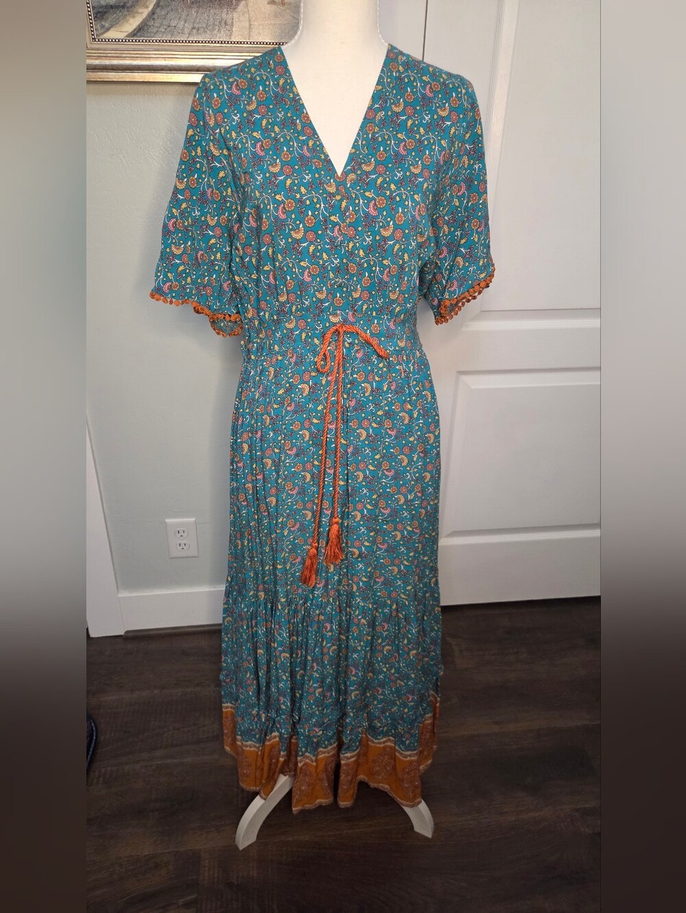 R Vivimos Teal Paisley Maxi Dress Cottagecore with Orange Trim